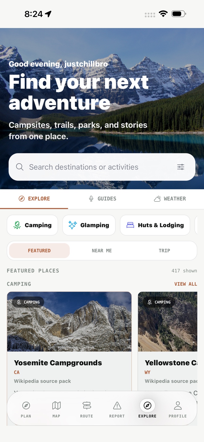 Trailhead Explore home with destination cards