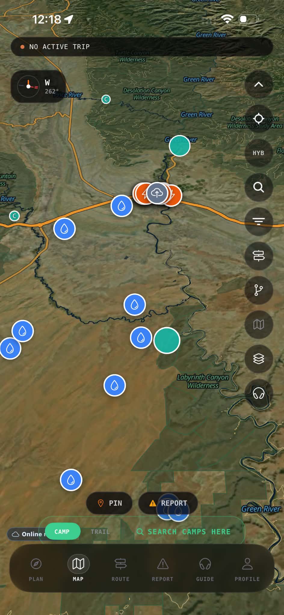 Trailhead app map with camp pins and layers