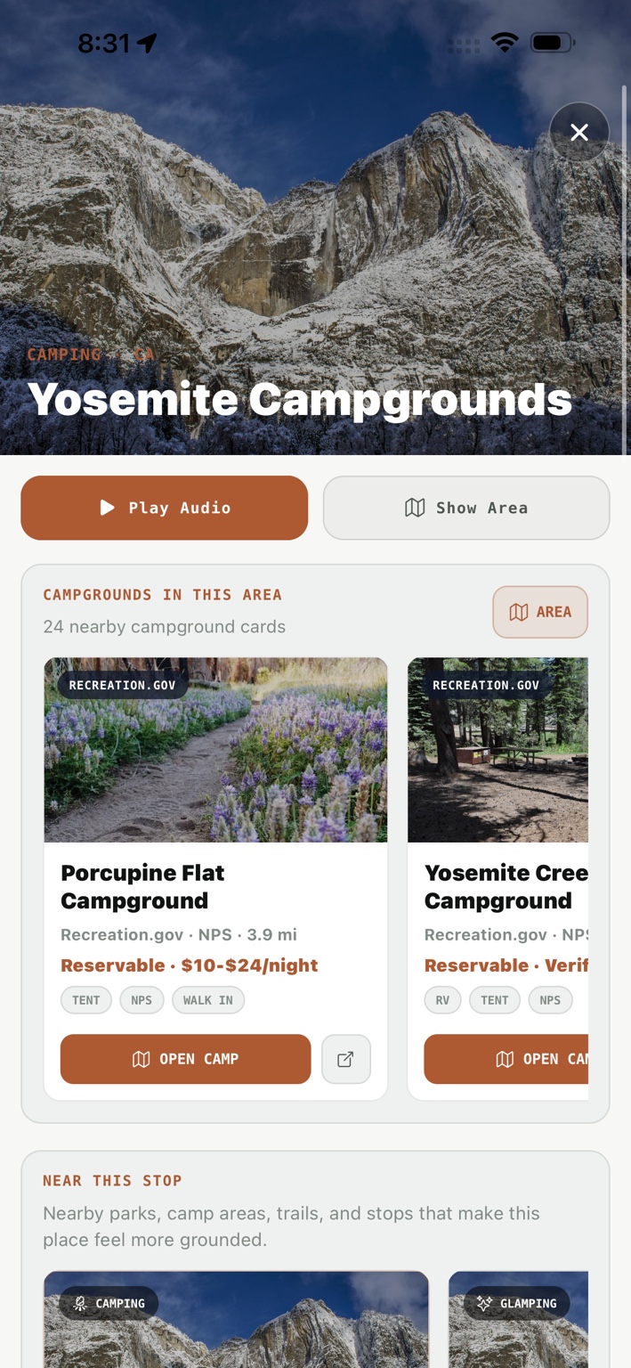 Trailhead Yosemite detail screen with nearby camp cards